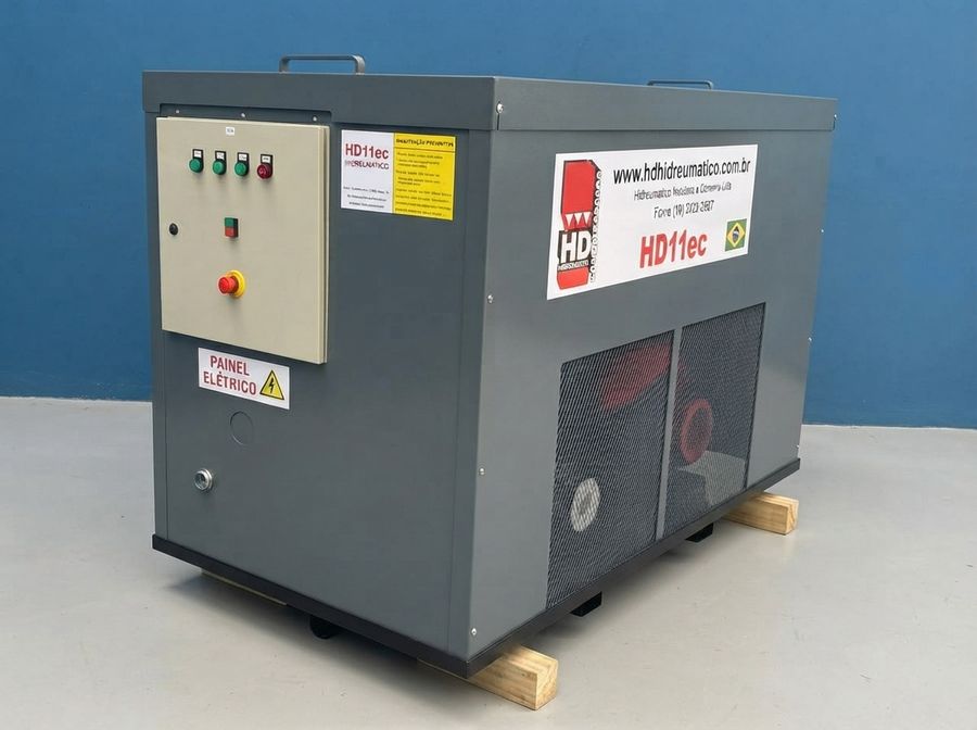 Compressor HD11ec cabinado, vista frontal com painel elétrico