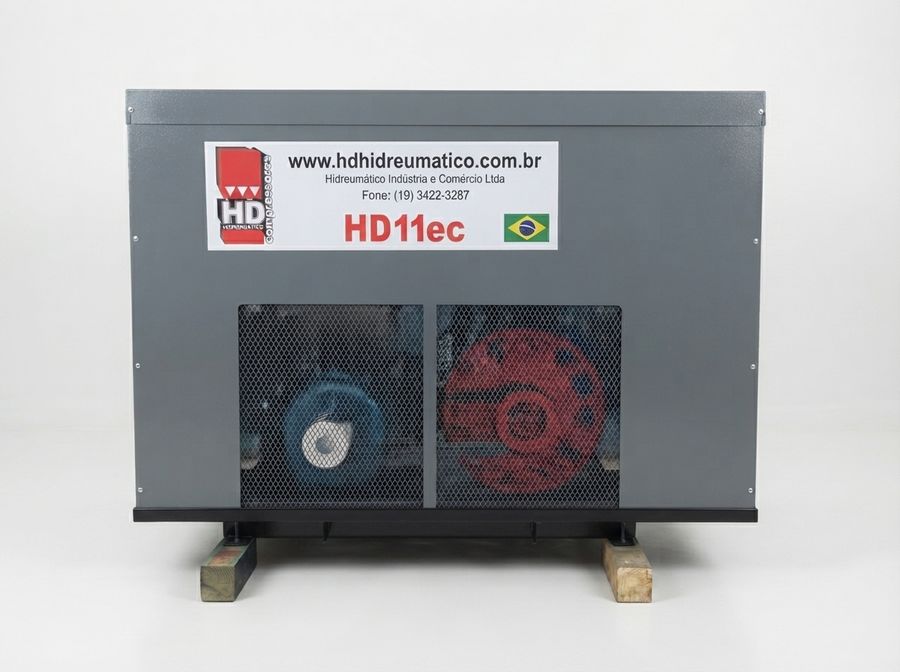 Compressor HD11ec cabinado, vista traseira com identificação HD