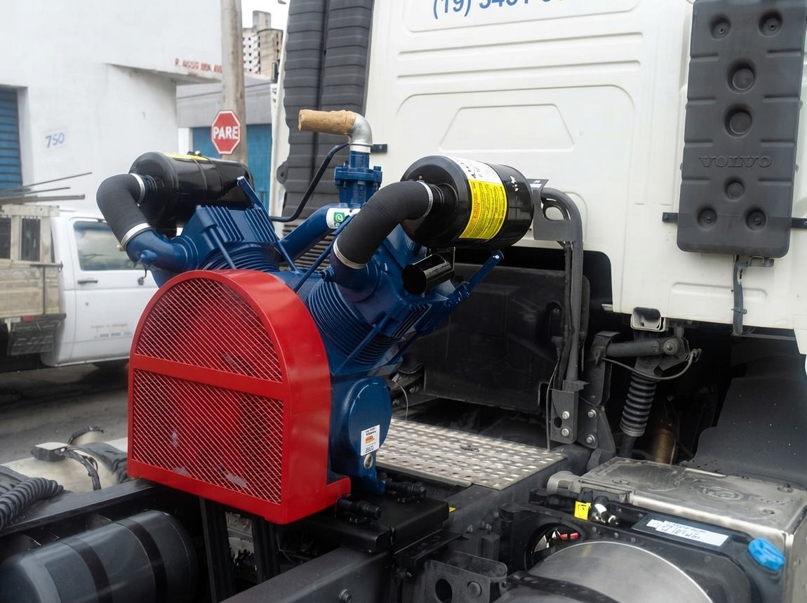 Compressor HD instalado em cavalo mecânico, com carreta silo ao fundo